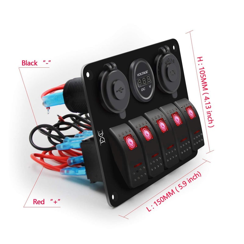 FXC Waterproof Rocker Switch Panel Red 5 Gang with QC3.0 USB & Type-C Slot Socket + Cigarette Lighter +LED Voltmeter with Power Save for Car Rv Marine Boat Truck - Image 4