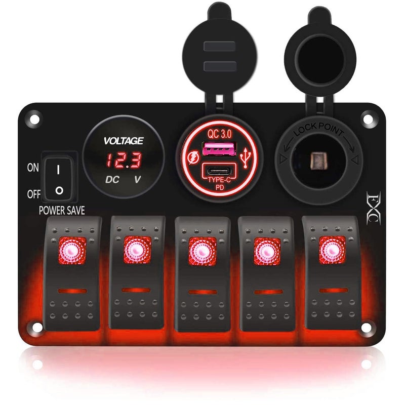 FXC Waterproof Rocker Switch Panel Red 5 Gang with QC3.0 USB & Type-C Slot Socket + Cigarette Lighter +LED Voltmeter with Power Save for Car Rv Marine Boat Truck - Image 1