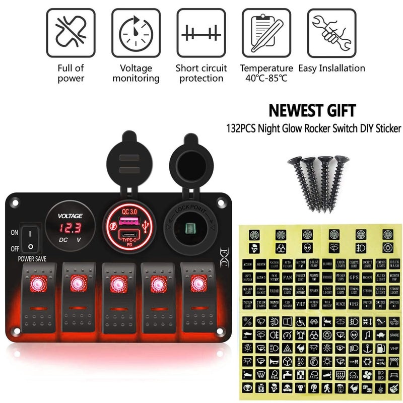 FXC Waterproof Rocker Switch Panel Red 5 Gang with QC3.0 USB & Type-C Slot Socket + Cigarette Lighter +LED Voltmeter with Power Save for Car Rv Marine Boat Truck - Image 3