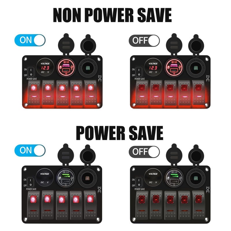FXC Waterproof Rocker Switch Panel Red 5 Gang with QC3.0 USB & Type-C Slot Socket + Cigarette Lighter +LED Voltmeter with Power Save for Car Rv Marine Boat Truck - Image 2