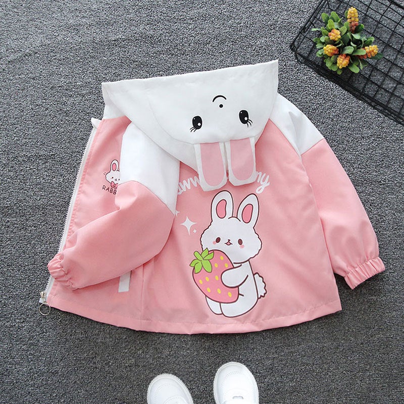 Girls Coat Childrens Cartoon Cute Top 2025 Autumn Clothing for Boys and Babies Spring and Autumn Korean Style Outerwear Thin Top Pink Strawberry Rabbit Coat 