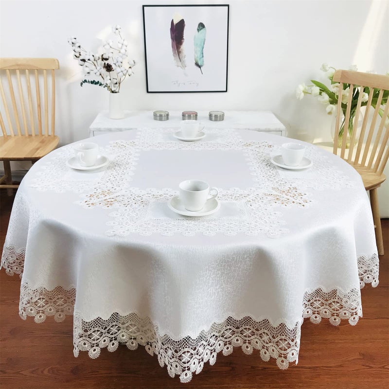 BrekSdat Lace Tablecloth for 70 Round Dining Tables White Dandelion Lace Fabric Washable for Wedding Party Kitchen Banquet Outdoor