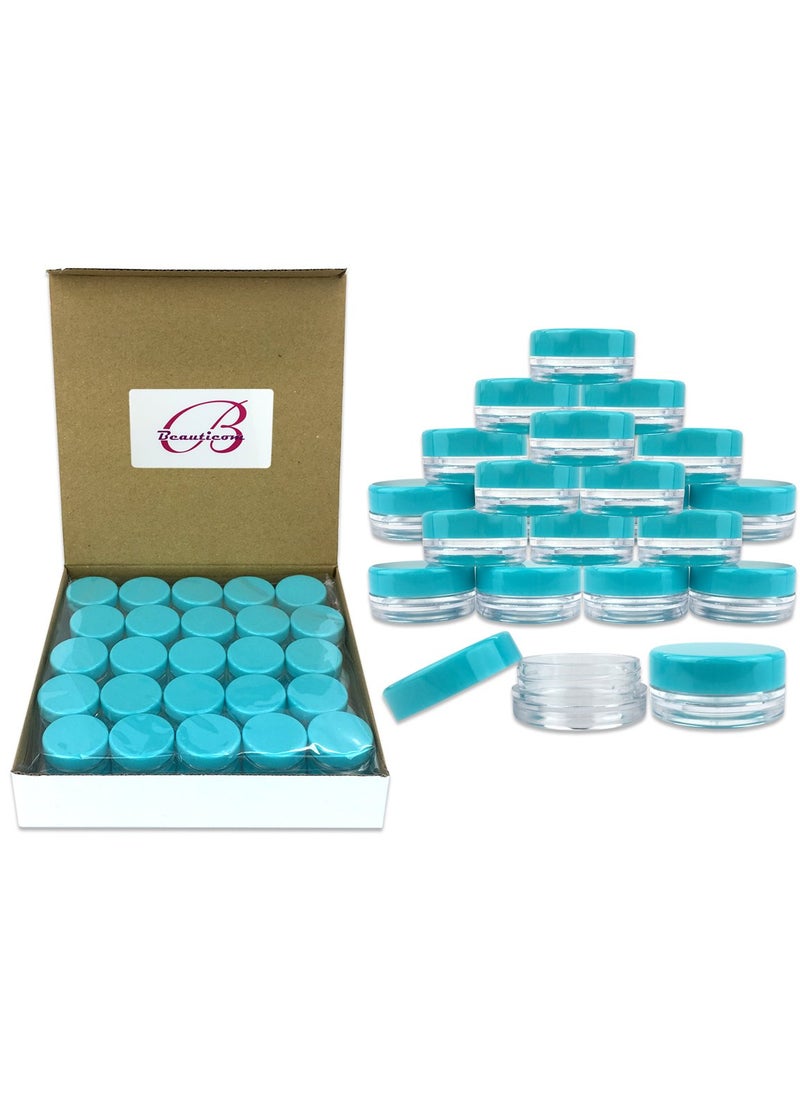 Beauticom (100 Pieces Jars + Lid) Beauticom 3G/3ML Round Clear Jars with Teal Sky Blue Screw Cap Lids for Scrubs, Oils, Toner, Salves, Creams, Lotions, Makeup Samples, Lip Balms - BPA Free 