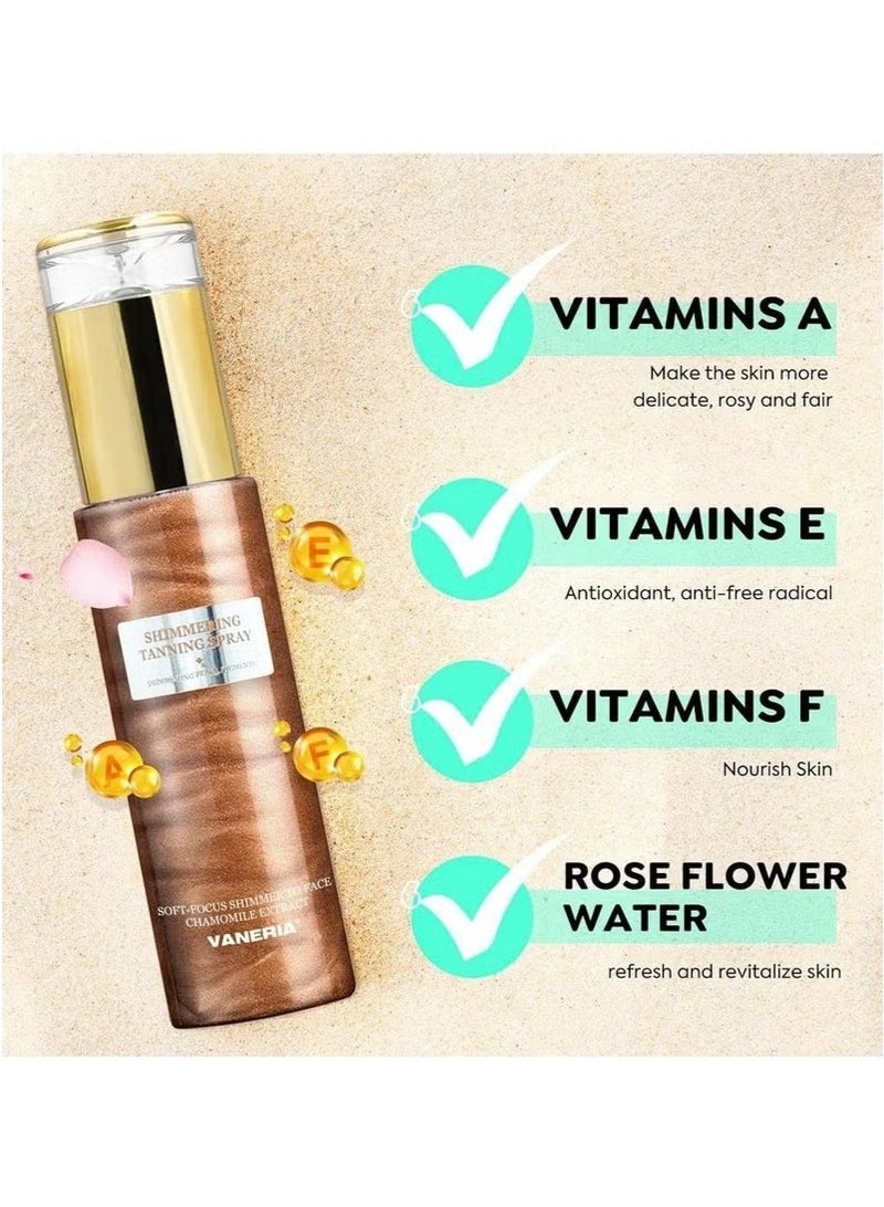VANERIA Shimmering Spray Tanning with Mitt, Long-Lasting, Instant Tan Spray with Mica, Streak-Free, Self Tanner Spray Quick Tan, Hydrating 80ml /2.7 Fl.Oz - Image 5