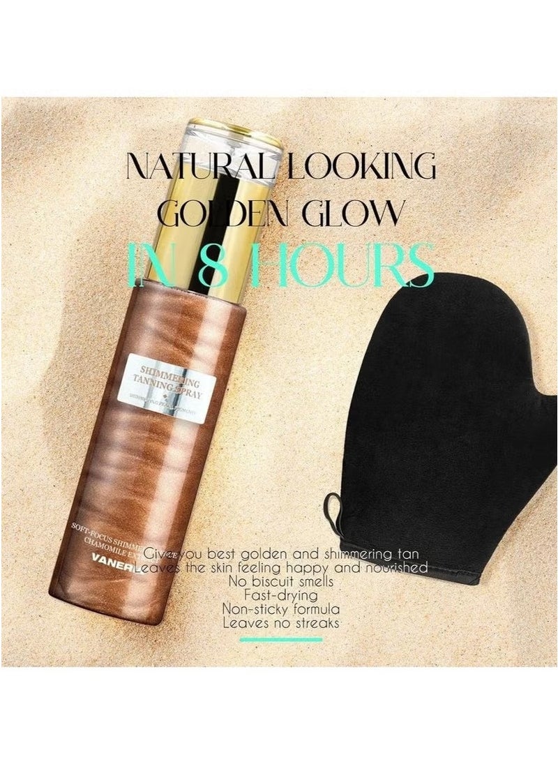 VANERIA Shimmering Spray Tanning with Mitt, Long-Lasting, Instant Tan Spray with Mica, Streak-Free, Self Tanner Spray Quick Tan, Hydrating 80ml /2.7 Fl.Oz - Image 3