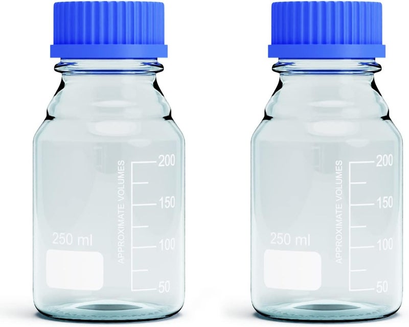 MorexLab 250ML Storage Glass Bottles – 2pcs Round Media Storage Bottle – Borosilicate Glass Bottles – Safe Probe Storage Glass Storage Bottles with GL45 Blue Screw Cap (250ml - 2pcs) Practical versatile construction - Image 1