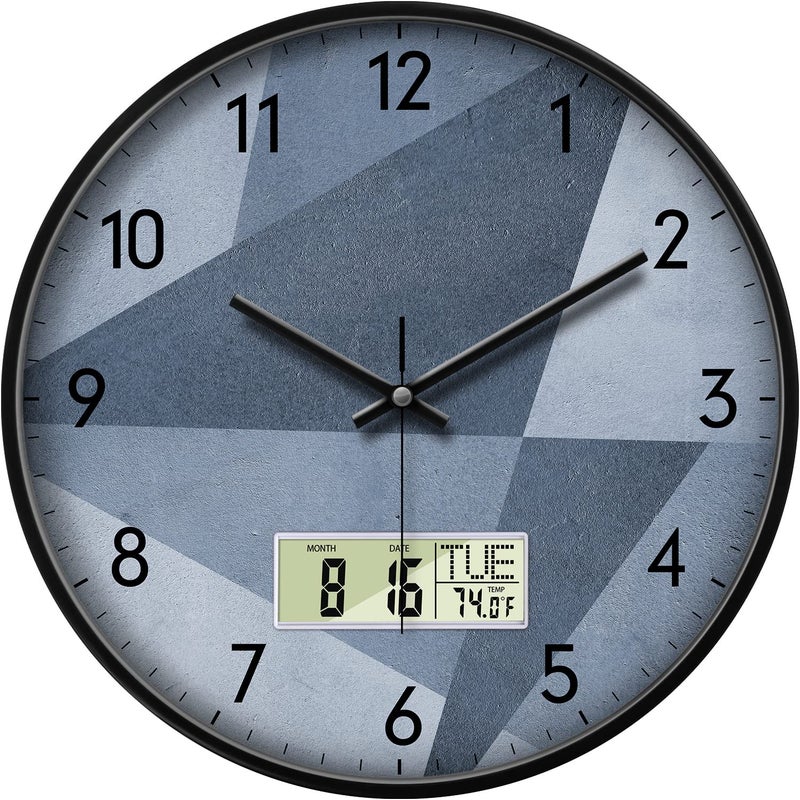 Stylish Silent NonTicking Round Digital Wall Clock Grey for Living Room Decor Analog Clocks Large Display Battery Operated Wall Mount Clock with Temperature Date Time Week for Office Bedroom 14 Inch