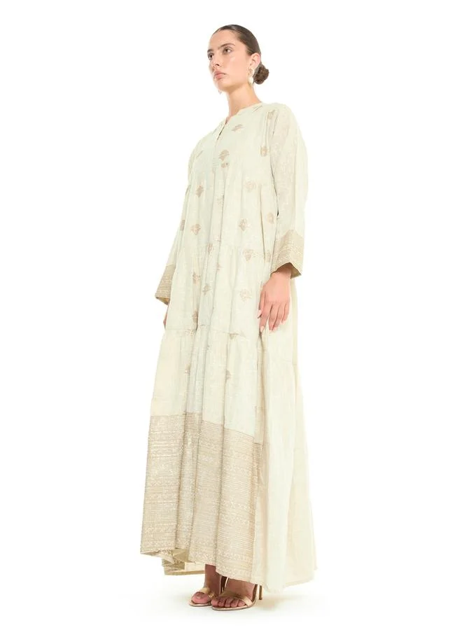 Thouq Beige Embroidered A-Line Maxi Jalabiya