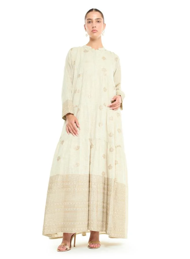 Thouq Beige Embroidered A-Line Maxi Jalabiya