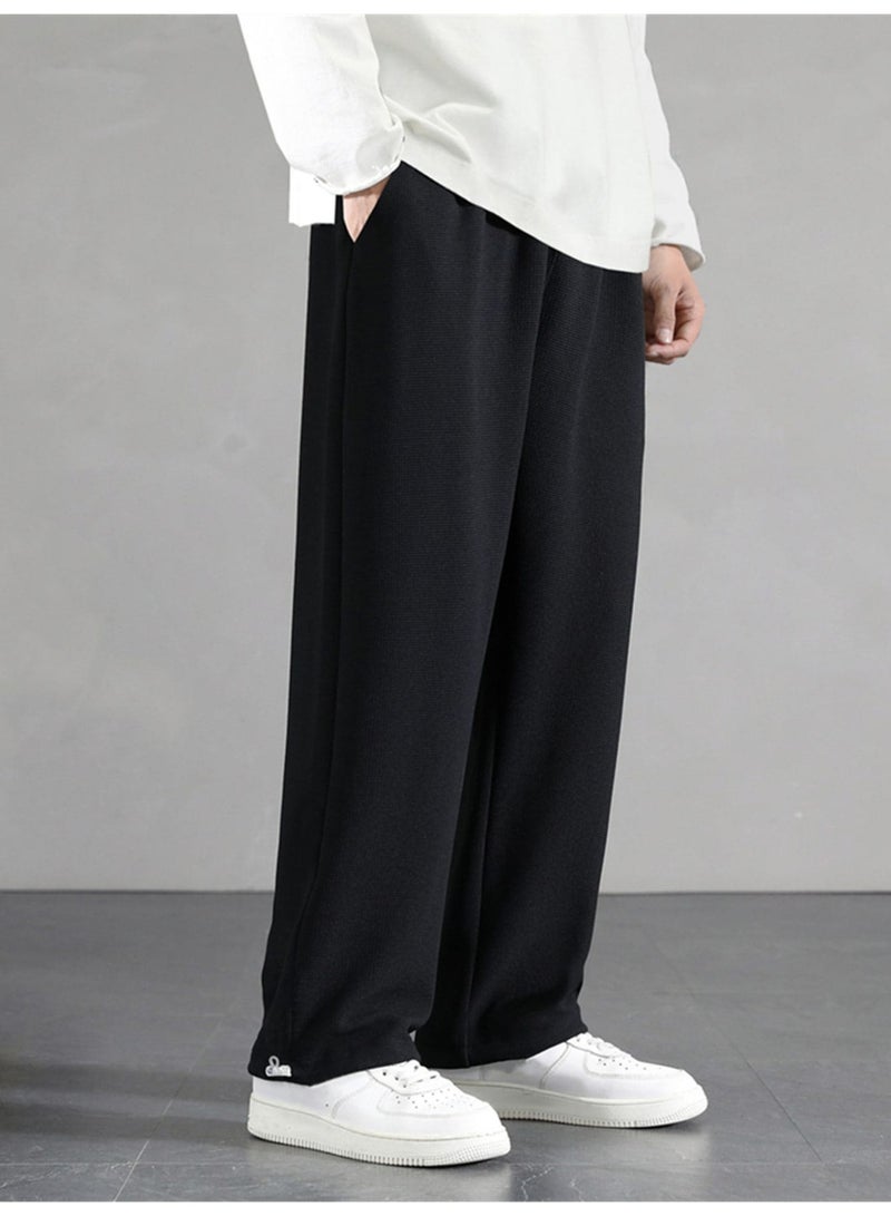 بنطلون أسود رجالي واسع برباط خصر قصة مستقيمة كاجوال - Image 1