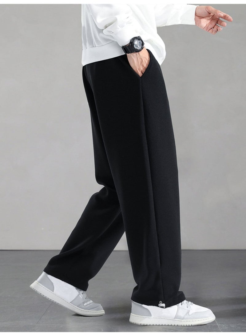 بنطلون أسود رجالي واسع برباط خصر قصة مستقيمة كاجوال - Image 3