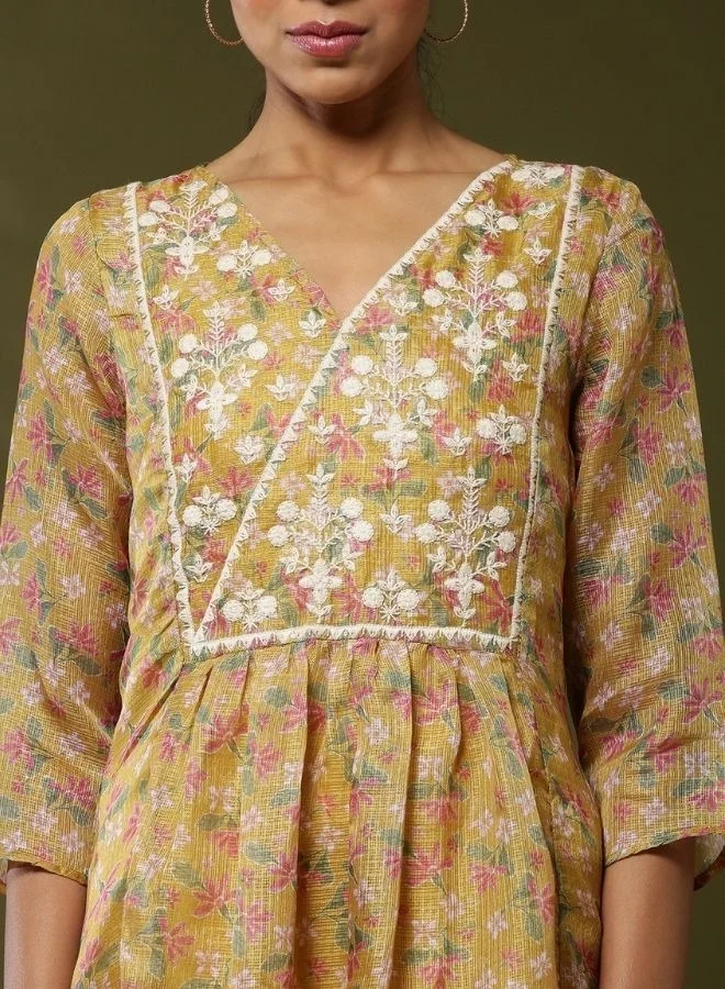 أبهشتي Floral printed yoke embroidered kurta set-yellow