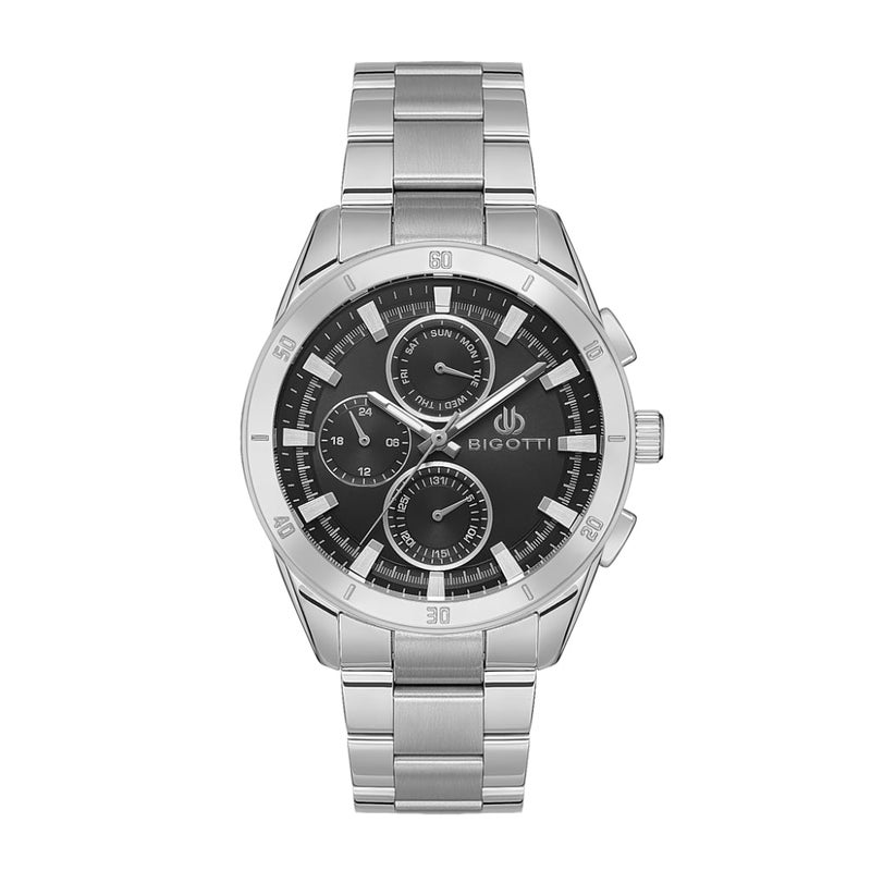 Bigotti Silver Stainless Steel Watch for Men BG.1.10531-1 - Black Sunray Brush Dial, 44mm Case, Japanese Quartz, Day-Date Display, 50M Water Resistant, Mineral Glass - Image 1