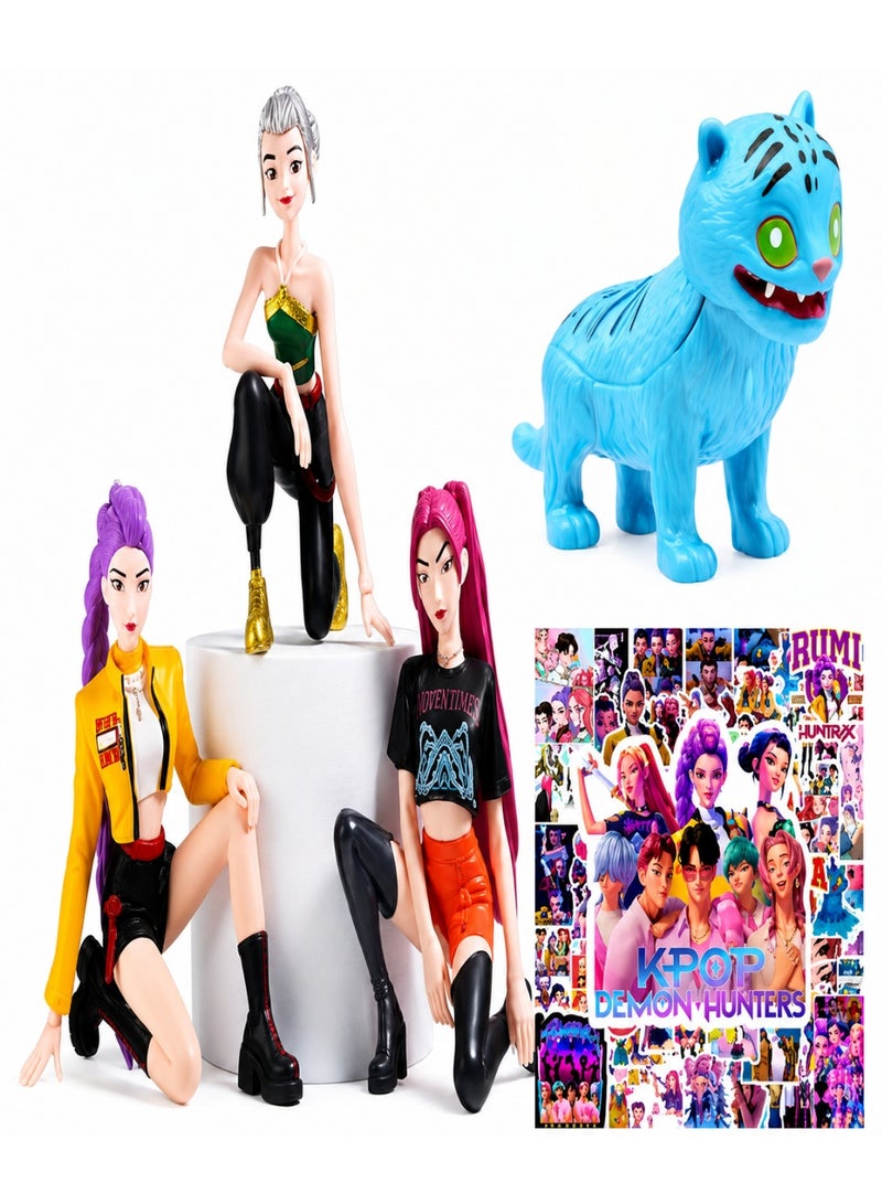 كيبوب مجموعة مجسمات أنمي KPOP Demean Hunters Toys، 3 قطع تماثيل قابلة للتجميع من مادة PVC بتصميم تشيبي، شخصيات ميرا، رومي، وزوي، ديكور مكتبي مع ديربي تايجر و10 ملصقات KPOP - Image 1