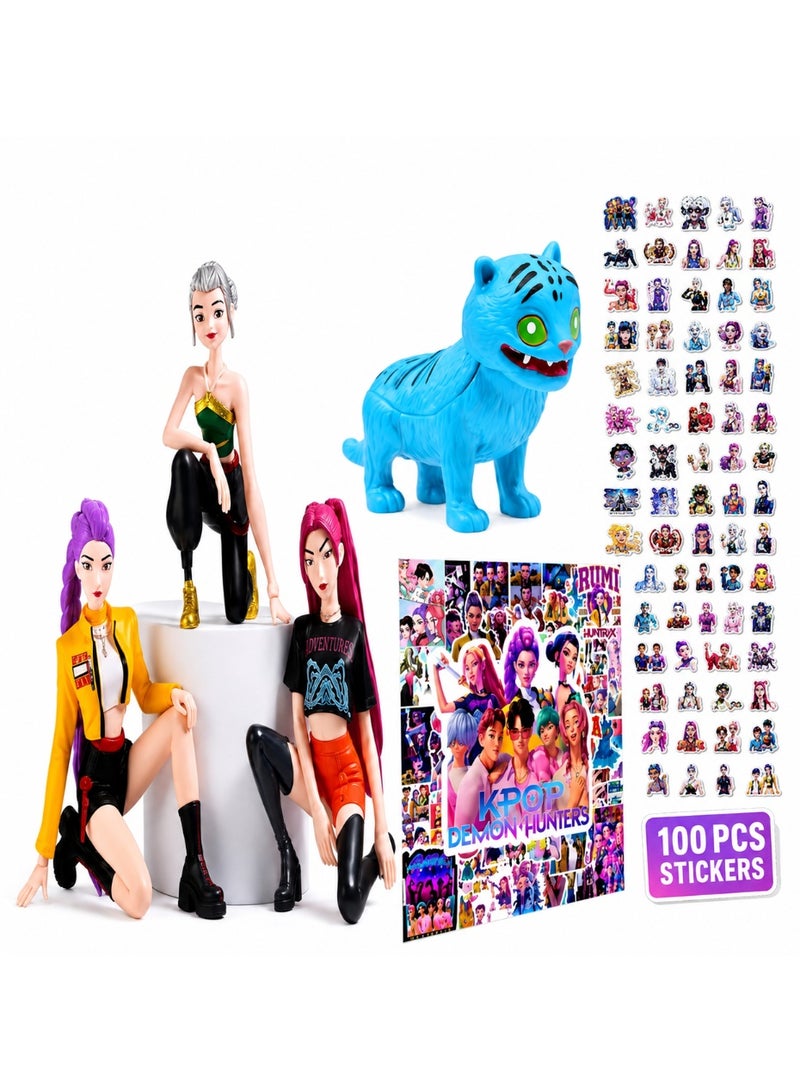 كيبوب مجموعة مجسمات أنمي KPOP Demean Hunters Toys، 3 قطع تماثيل قابلة للتجميع من مادة PVC بتصميم تشيبي، شخصيات ميرا، رومي، وزوي، ديكور مكتبي مع ديربي تايجر و100 ملصقات KPOP - Image 1