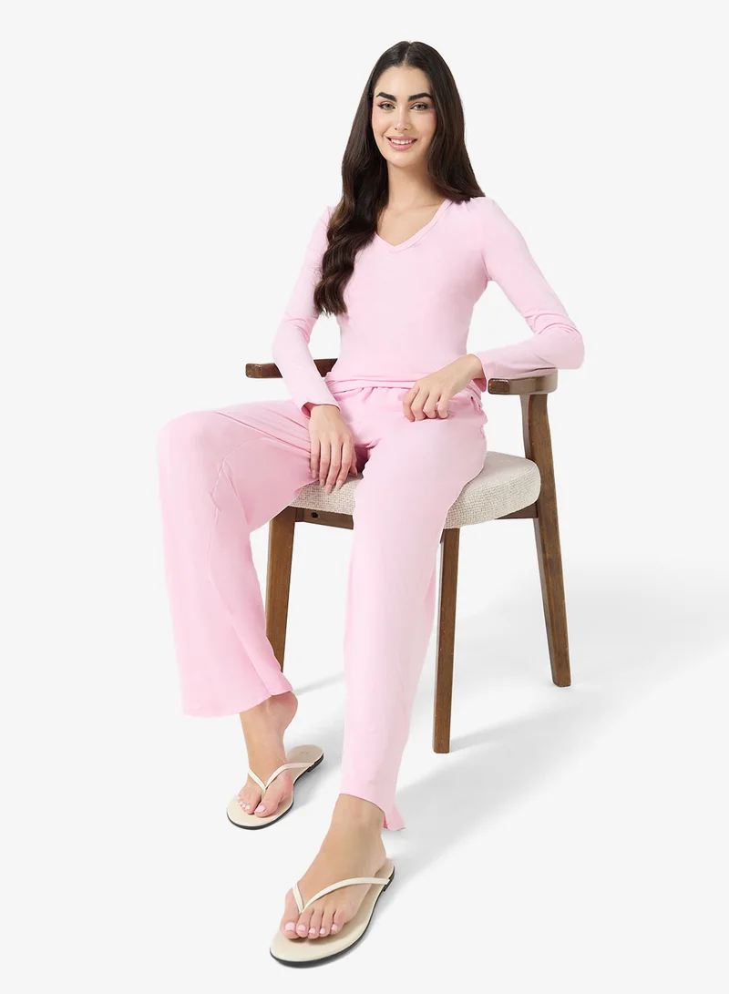 Ginger Basics  Soft Viscose V Neck Slim Fit T-shirt & Straight Fit Pant Lounge Set for Women | Best Price UAE