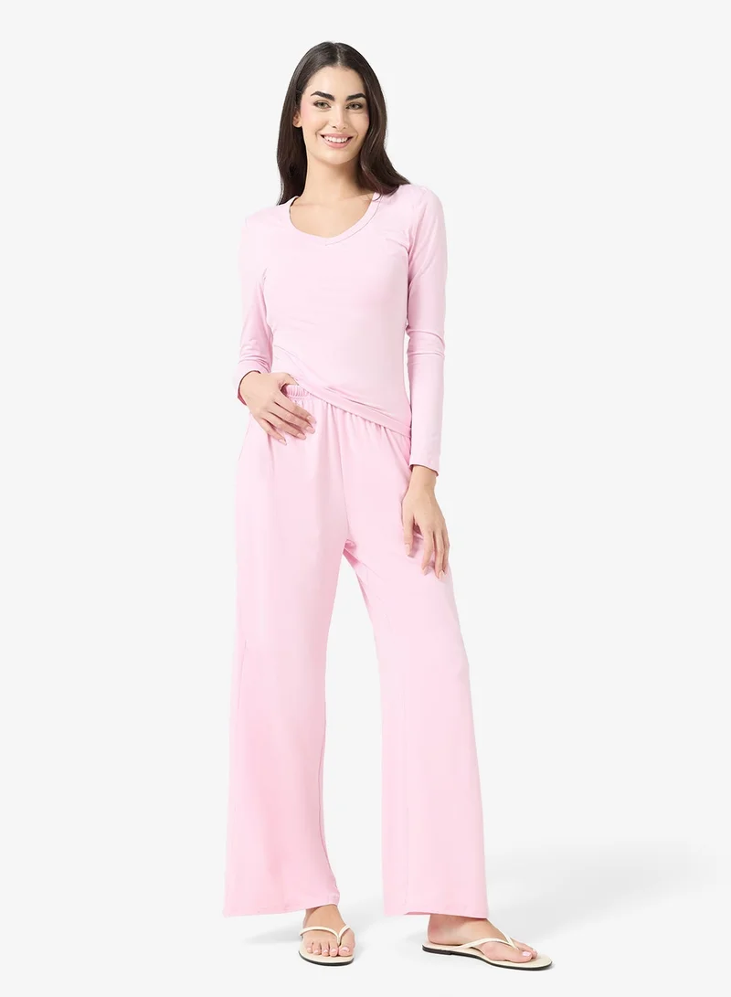 Ginger Basics Soft Viscose V Neck Slim Fit T-shirt & Straight Fit Pant Lounge Set