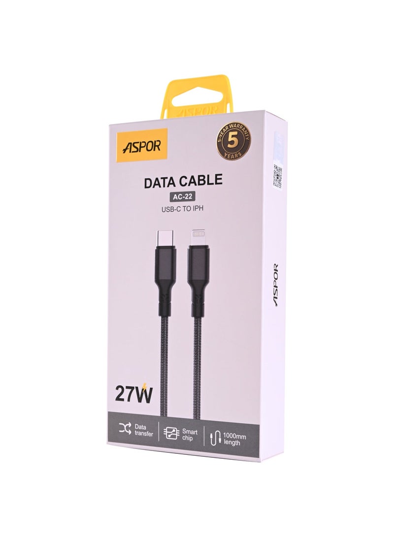 أسبور كيبل جوال ASPOR AC-22 USB-C إلى IPH – شحن سريع وأداء موثوق بقدرة 27 واط 🔋 - Image 2