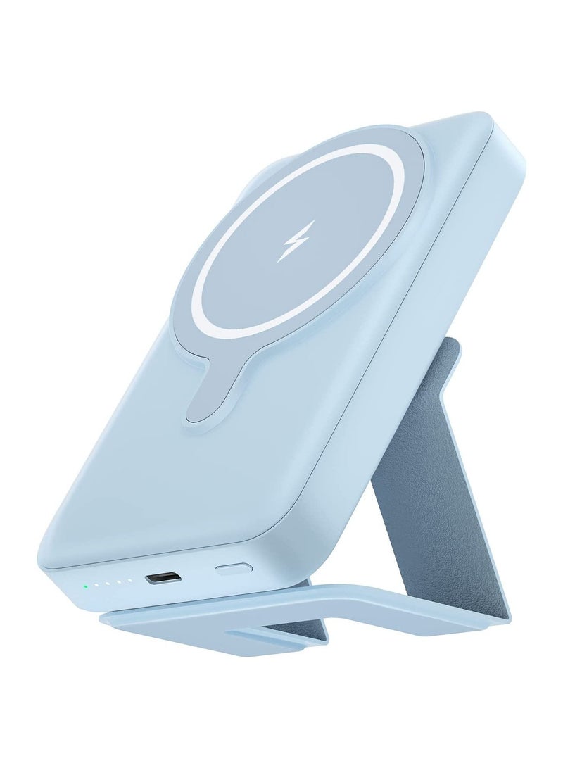 Raxoom Magnetic Wireless Portable Charger, 10000mAh Mag-Safe Battery Pack 15W Fast Charging, USB-C Power Bank Foldable Stand Compatible iPhone 14/13/12 Pro Max Plus Mini (Blue)  - Image 1