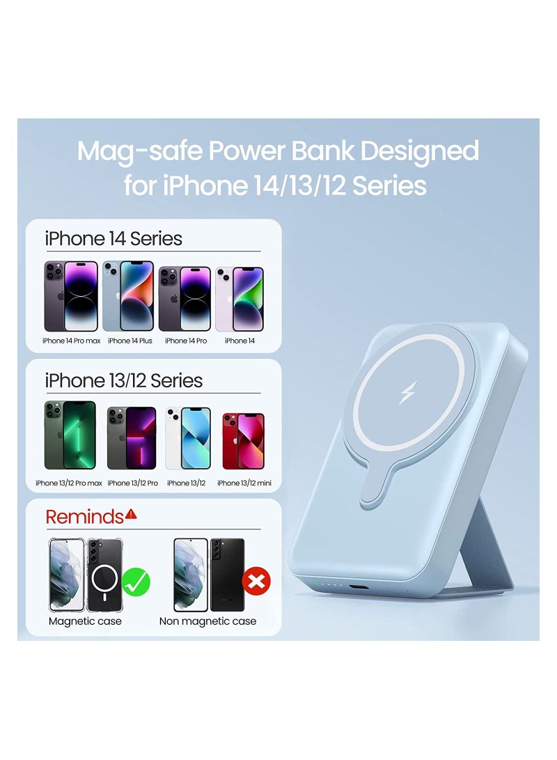 Raxoom Magnetic Wireless Portable Charger, 10000mAh Mag-Safe Battery Pack 15W Fast Charging, USB-C Power Bank Foldable Stand Compatible iPhone 14/13/12 Pro Max Plus Mini (Blue)  - Image 2