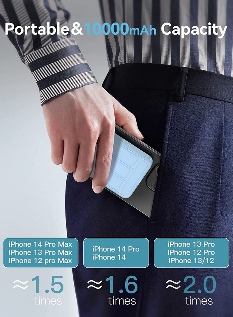 Raxoom Magnetic Wireless Portable Charger, 10000mAh Mag-Safe Battery Pack 15W Fast Charging, USB-C Power Bank Foldable Stand Compatible iPhone 14/13/12 Pro Max Plus Mini (Blue)  - Image 4
