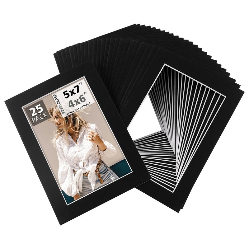 MBC MAT BOARD CENTER Mat Board Center Pack of 25 5x7 for 4x6 Black Mats  Acid Free 4ply Thickness White Core  for Pictures Photos Framing 