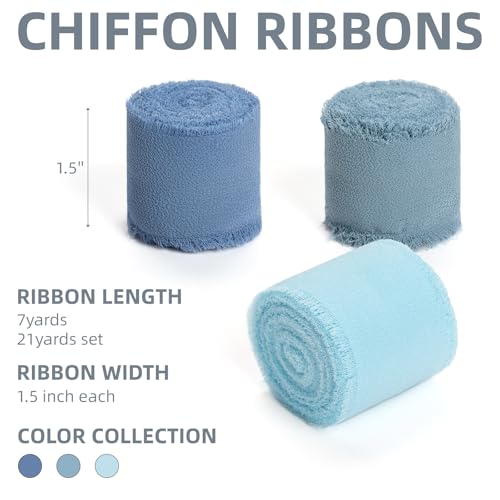 KEOSREE Baby Blue Dusty Blue Handmade Chiffon Ribbon,1.5" x 21Yd Frayed Silk Ribbons for Wreaths Bridal Flower Bouquet Christmas Gift Wrapping Wedding Decor Invitations Decorations (7Yards X 3 Rolls) - Image 2