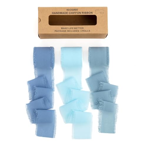 KEOSREE Baby Blue Dusty Blue Handmade Chiffon Ribbon,1.5" x 21Yd Frayed Silk Ribbons for Wreaths Bridal Flower Bouquet Christmas Gift Wrapping Wedding Decor Invitations Decorations (7Yards X 3 Rolls) - Image 1