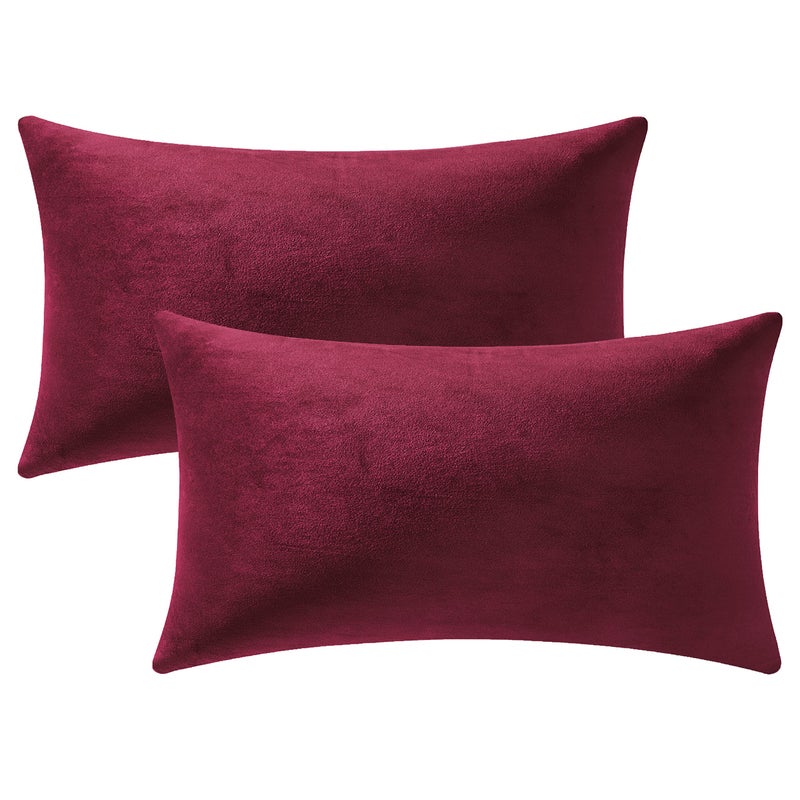 DEZENE Throw Pillow Covers 12x20 Burgundy 2 Pack Cozy Soft Velvet Rectangular Decorative Pillow Cases for Farmhouse Home Decor