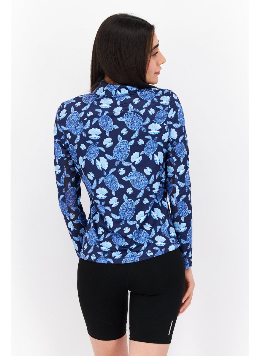 X by Gottex Women Sportswear Fit Long Sleeve Front Zip Jacket, Navy Blue Combo  - Image 3
