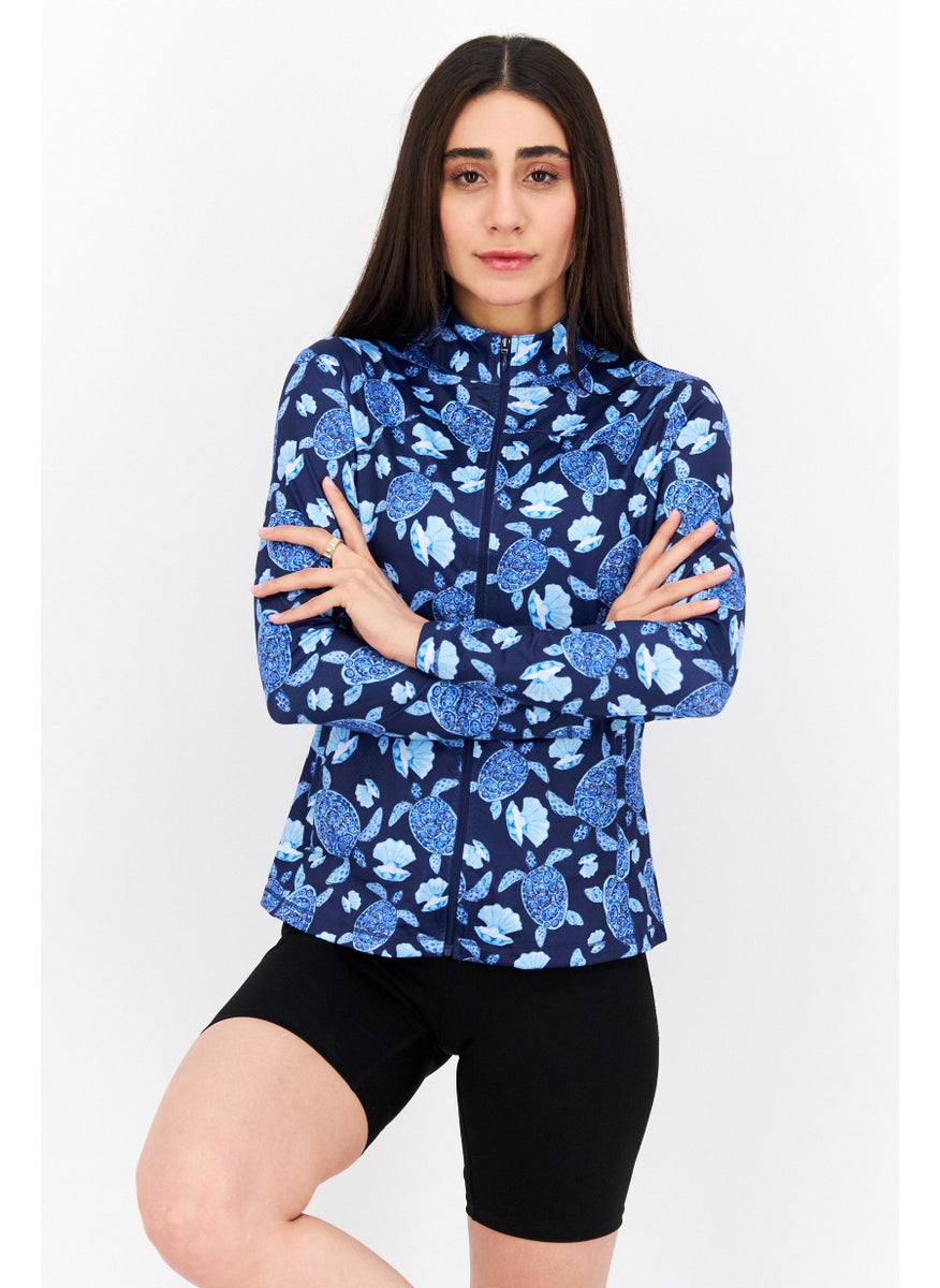 X by Gottex Women Sportswear Fit Long Sleeve Front Zip Jacket, Navy Blue Combo  - Image 1