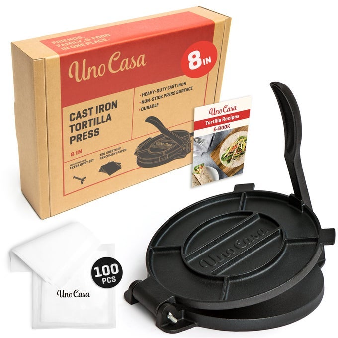 CAST IRON TORTILLA PRESS 8 INCH TORTILLA MAKER PRESS PRESEASONED ROTI MAKER WITH 100 PCS PARCHMENT PAPER HEAVY DUTY QUESADILLA MAKER FOR HOMEMADE FLATBREADS ROTIS EMPANADAS