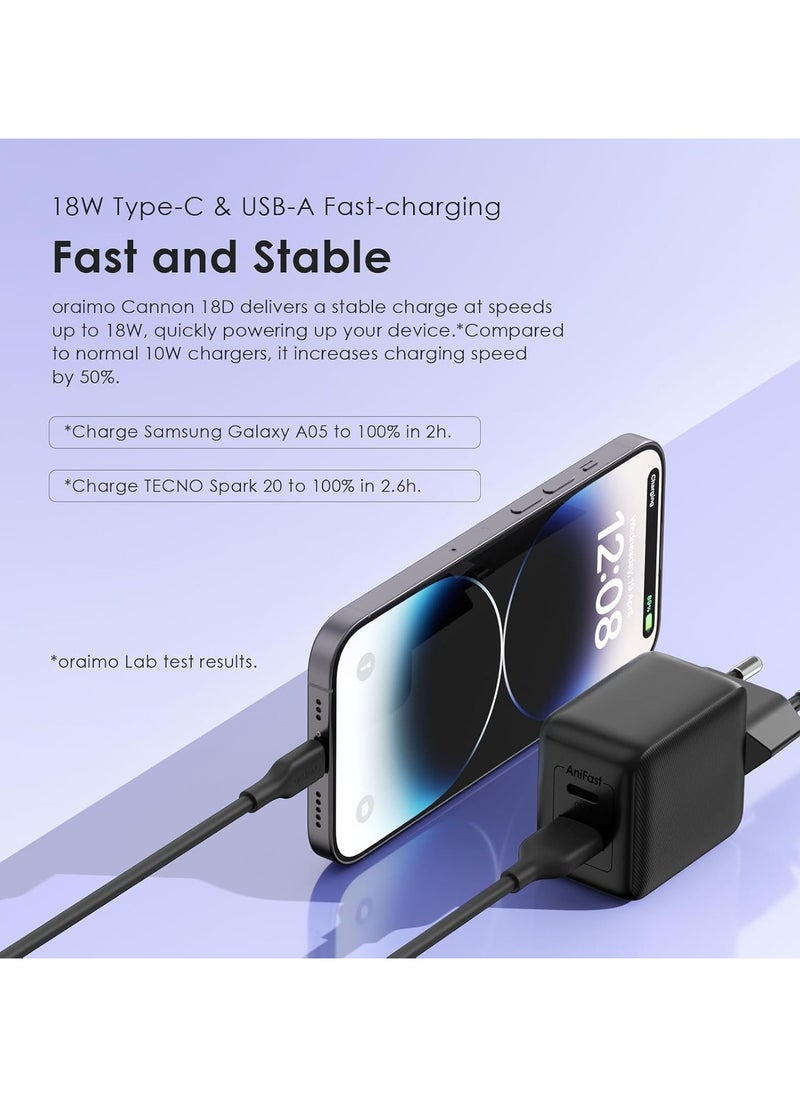 Generic - Oraimo 18W USB Type-C Dual Output Super Fast Charger Wall Adapter QC3.0& PD3.0 & PE2.0 Compatible for iPhone 15/15 Plus/15 Pro/15 Pro Max, 14/13/12 Series, Galaxy, Pixel 4/3, iPad and More - Image 1