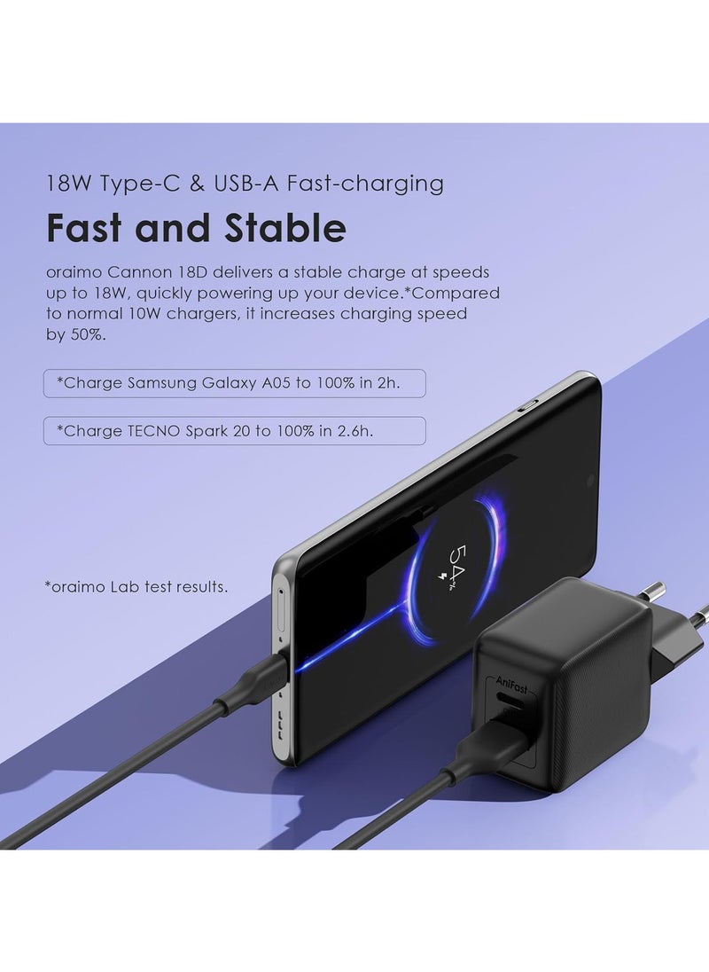 Generic - Oraimo 18W USB Type-C Dual Output Super Fast Charger Wall Adapter QC3.0& PD3.0 & PE2.0 Compatible for iPhone 15/15 Plus/15 Pro/15 Pro Max, 14/13/12 Series, Galaxy, Pixel 4/3, iPad and More - Image 1