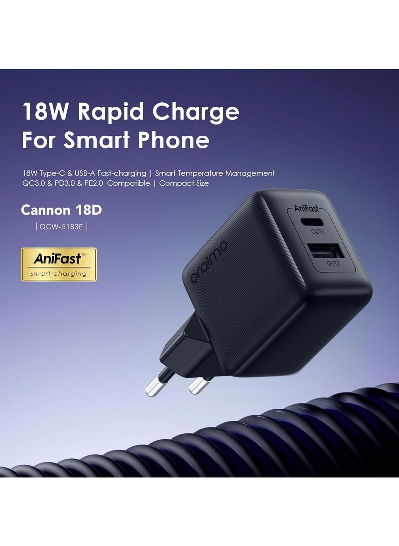Generic - Oraimo 18W USB Type-C Dual Output Super Fast Charger Wall Adapter QC3.0& PD3.0 & PE2.0 Compatible for iPhone 15/15 Plus/15 Pro/15 Pro Max, 14/13/12 Series, Galaxy, Pixel 4/3, iPad and More - Image 1