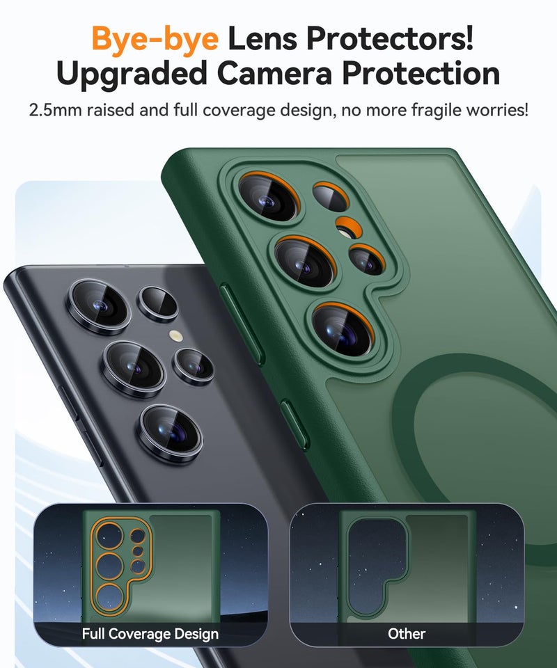 CANSHN Designed for Samsung Galaxy S22 Ultra Case [Full Camera Protection] [Compatible with MagSafe] Translucent Matte Shockproof Protective Phone Cover 6.8 Inch - Deep Green - Image 3