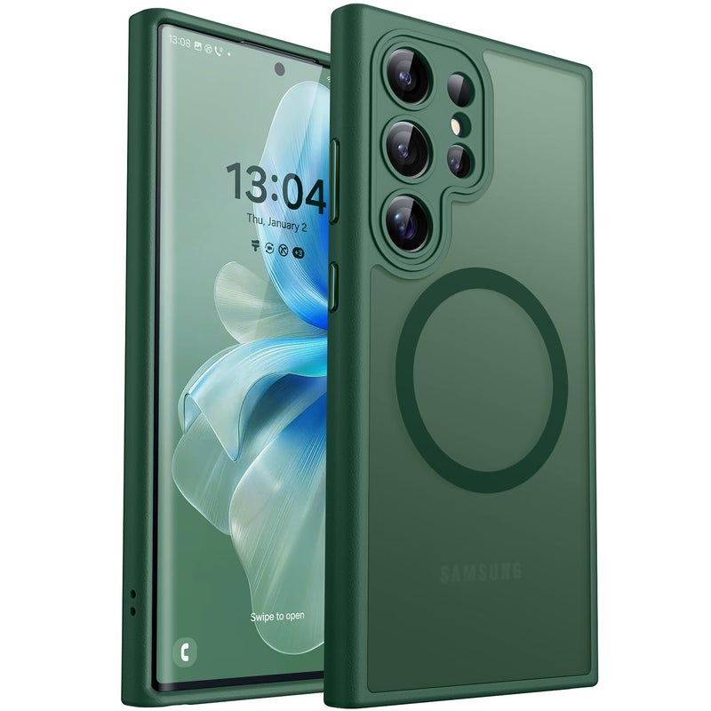 CANSHN Designed for Samsung Galaxy S22 Ultra Case [Full Camera Protection] [Compatible with MagSafe] Translucent Matte Shockproof Protective Phone Cover 6.8 Inch - Deep Green - Image 1