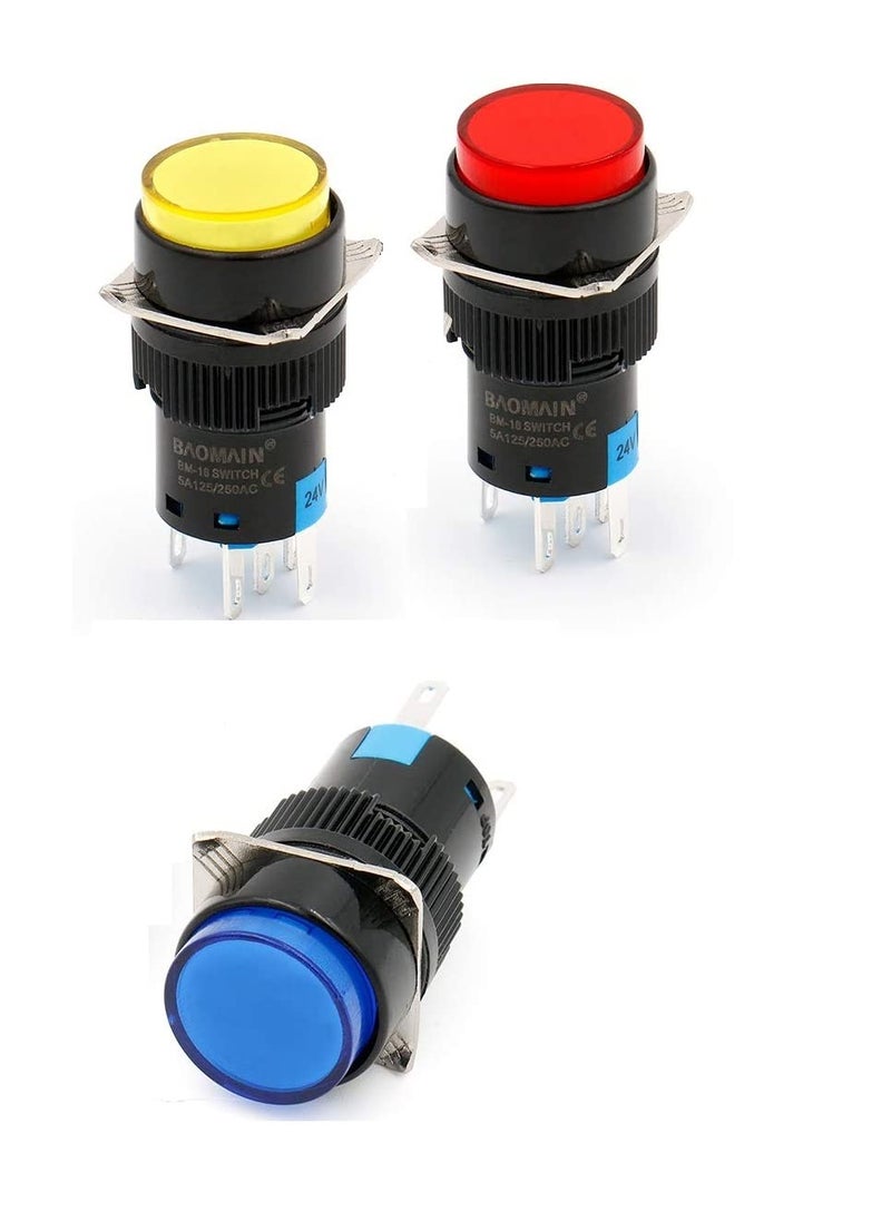 KAMCON KAMCON 16mm Push Button Switch Momentary Round Cap LED Lamp Red YellowBlueGreen Light DC 24V SPDT 5 Pin 1 Set of RYB  - Image 1