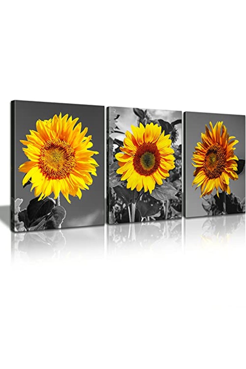 KAWAHONE Sunflower Decor Wall Art, Black and White Pastoral Scenery Flowers Artworks Poster Framed, Canvas Painting Printing Picture for Home Bedroom Bathroom, 12" x 16" x 3 PCS - Image 2