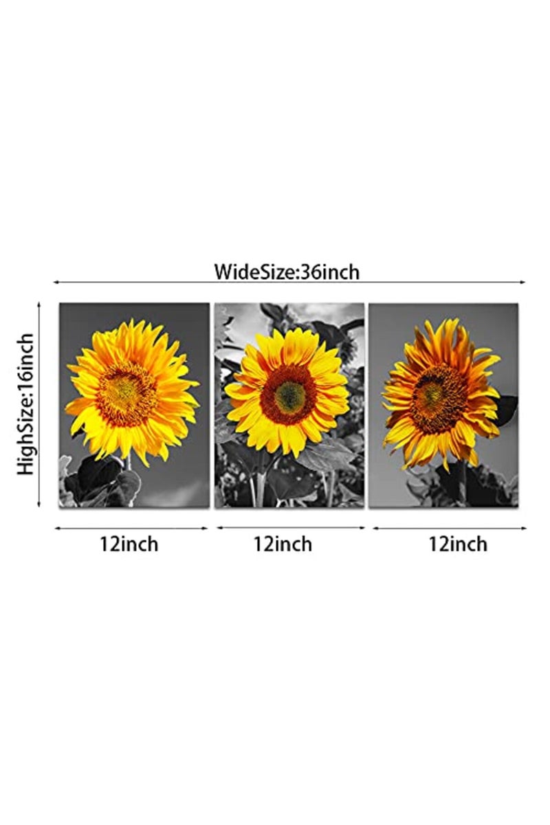 KAWAHONE Sunflower Decor Wall Art, Black and White Pastoral Scenery Flowers Artworks Poster Framed, Canvas Painting Printing Picture for Home Bedroom Bathroom, 12" x 16" x 3 PCS - Image 3