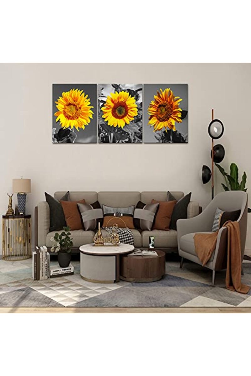 KAWAHONE Sunflower Decor Wall Art, Black and White Pastoral Scenery Flowers Artworks Poster Framed, Canvas Painting Printing Picture for Home Bedroom Bathroom, 12" x 16" x 3 PCS - Image 5