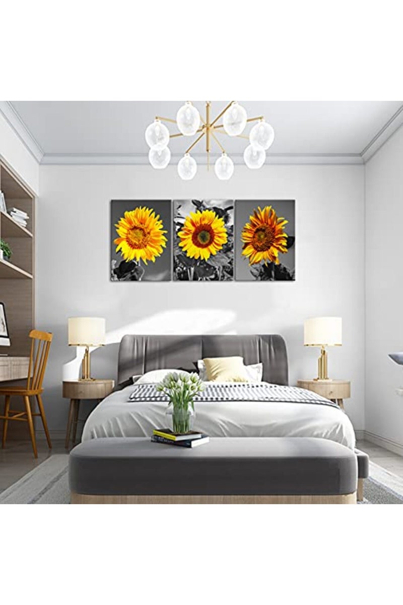 KAWAHONE Sunflower Decor Wall Art, Black and White Pastoral Scenery Flowers Artworks Poster Framed, Canvas Painting Printing Picture for Home Bedroom Bathroom, 12" x 16" x 3 PCS - Image 4