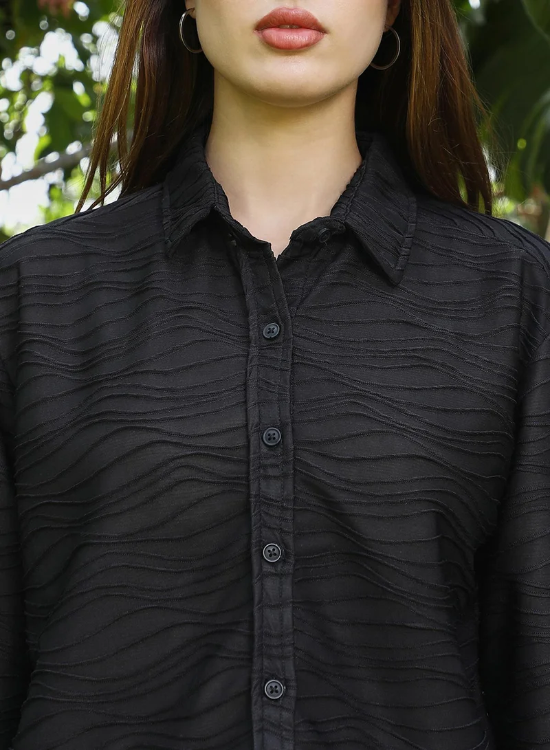 PINACOLADA Women's Midnight Black Wave-Textured Boxy Shirt For Casual Wear | Spread Collar | Short Cuffed Sleeves | Button Closure | Shirt Designed With Comfortable Fit For Woman & Girls