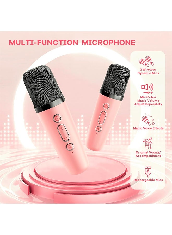 JS Mini Karaoke Machine for Kids Adults, Portable Bluetooth Speaker with 2 Wireless Microphones, Trendy Birthday Gifts Toys for Home Family Party (Pink) - Image 5
