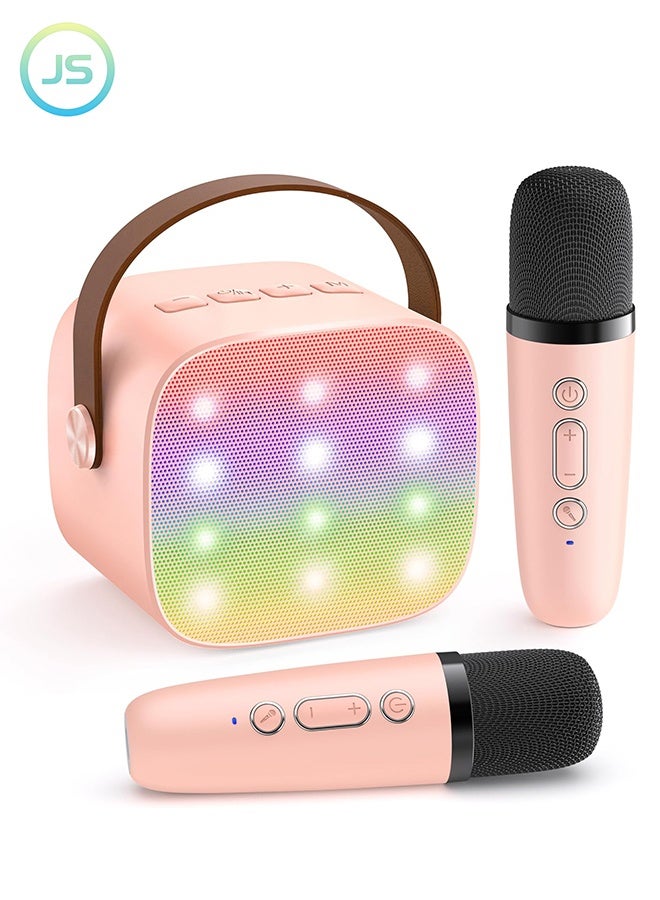 JS Mini Karaoke Machine for Kids Adults, Portable Bluetooth Speaker with 2 Wireless Microphones, Trendy Birthday Gifts Toys for Home Family Party (Pink) - Image 1