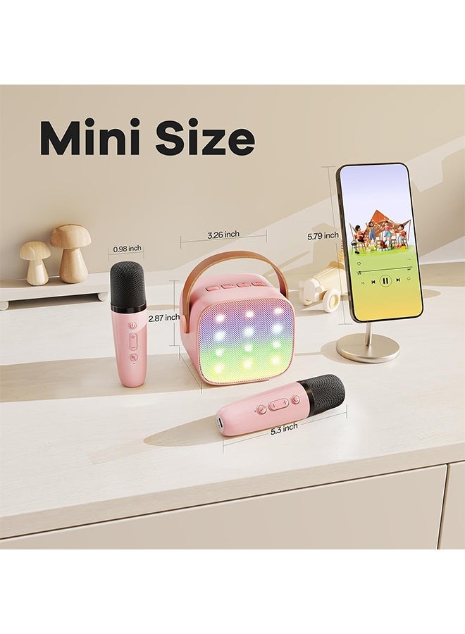 JS Mini Karaoke Machine for Kids Adults, Portable Bluetooth Speaker with 2 Wireless Microphones, Trendy Birthday Gifts Toys for Home Family Party (Pink) - Image 4