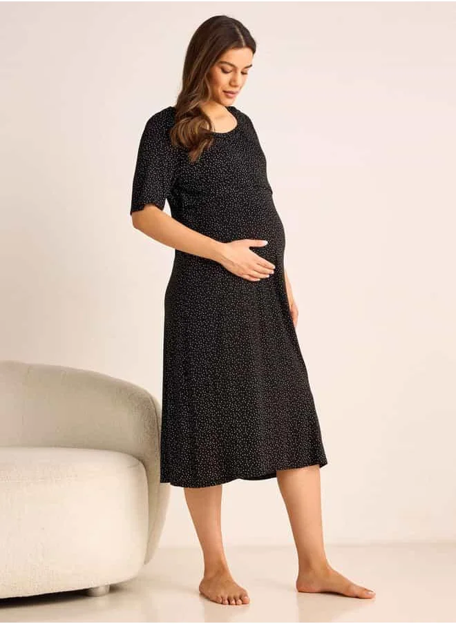فاف Printed Maternity Night Dress with Round Neck and Short Sleeves