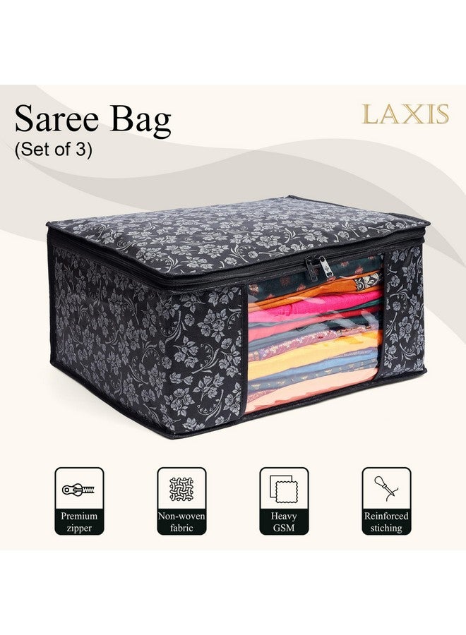 LAXIS علامة HOMFIL - أغطية ساري LAXIS بسحاب غطاء ساري مطبوع غير منسوج / منظم ساري لخزانة الملابس / تخزين الملابس مع نافذة شفافة / أكياس ساري للتخزين / منظم الملابس (أسود - عبوة من 3)  - Image 4