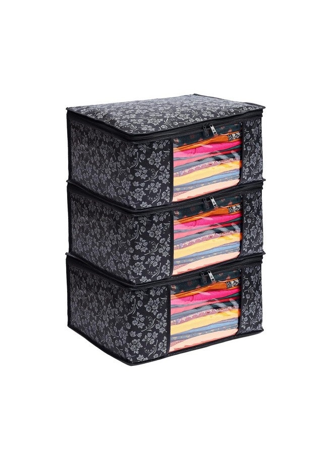 LAXIS علامة HOMFIL - أغطية ساري LAXIS بسحاب غطاء ساري مطبوع غير منسوج / منظم ساري لخزانة الملابس / تخزين الملابس مع نافذة شفافة / أكياس ساري للتخزين / منظم الملابس (أسود - عبوة من 3)  - Image 1