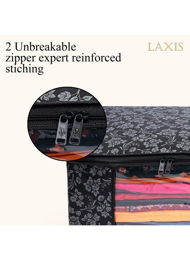 LAXIS علامة HOMFIL - أغطية ساري LAXIS بسحاب غطاء ساري مطبوع غير منسوج / منظم ساري لخزانة الملابس / تخزين الملابس مع نافذة شفافة / أكياس ساري للتخزين / منظم الملابس (أسود - عبوة من 3)  - Image 3